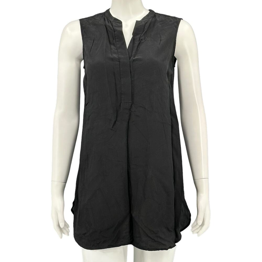 Vince Top Womens XS Black Sleeveless Tunic Sheer 100% Silk Popover V-Neck Office